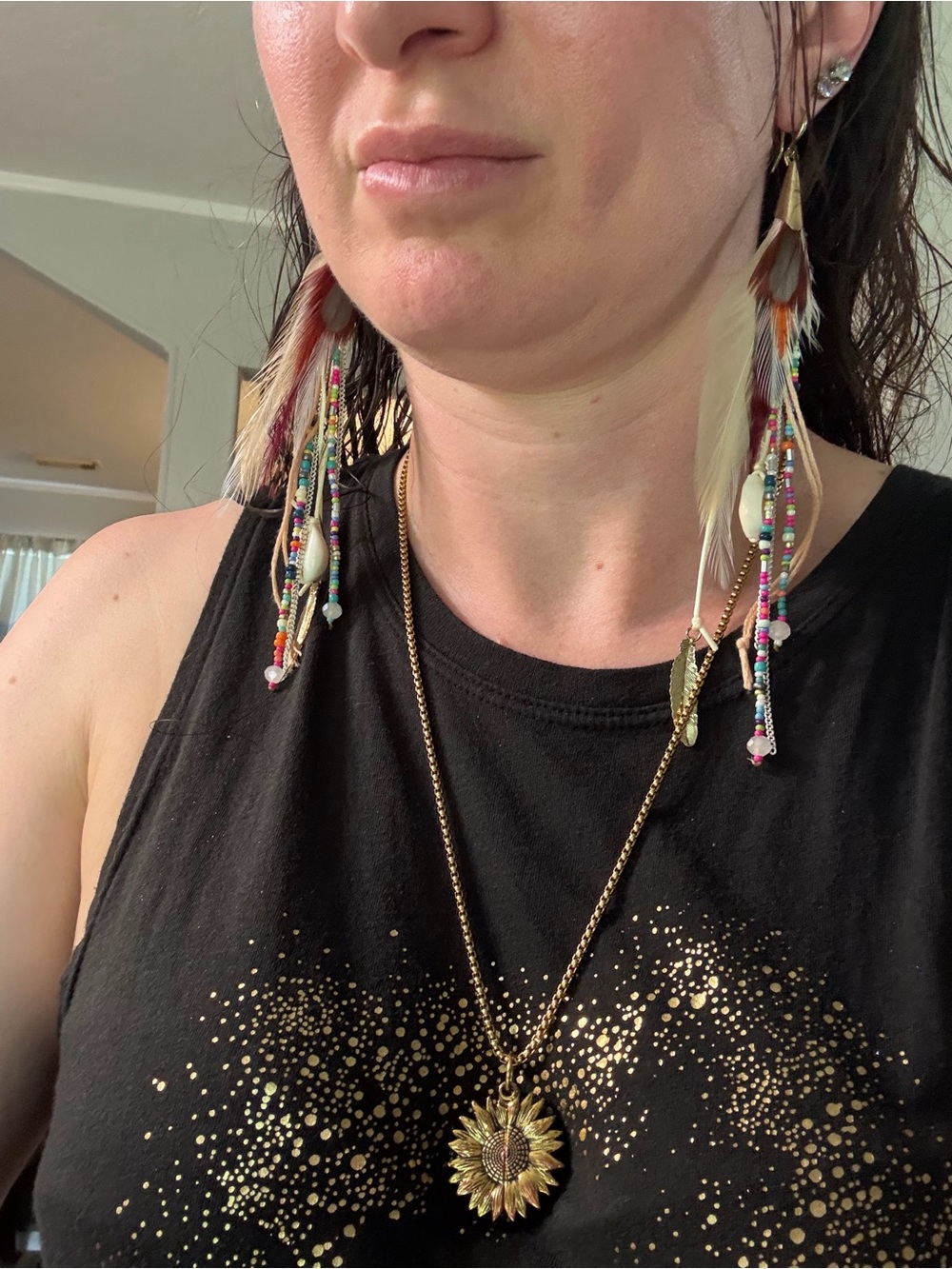 Boho Multicolor Feather & Bead Drop Earrings